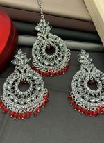 Red Silver Stone Studded Earrings With Maang Tikka